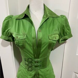 Vintage Bebe Green Belted Short Sleeve Top